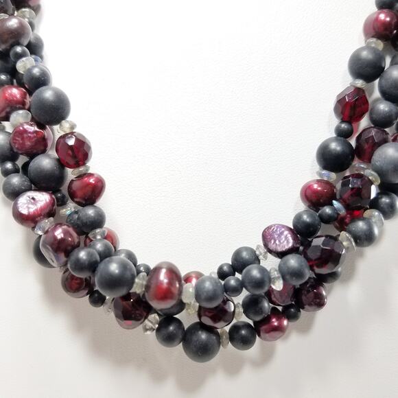 Vintage Beaded Necklace Pearled Burgundy, Matte Black Red Black Czech Crystal - Picture 10 of 10